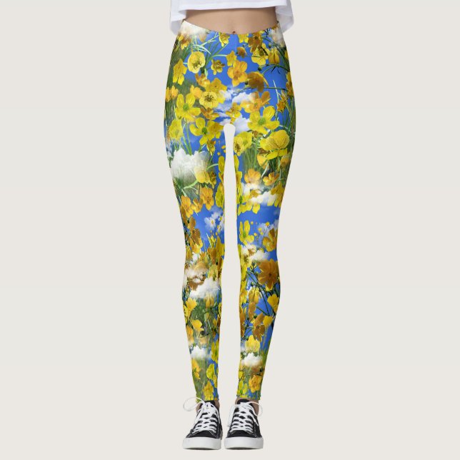 Spring Butercup flowers in the clouds Leggings (Front)
