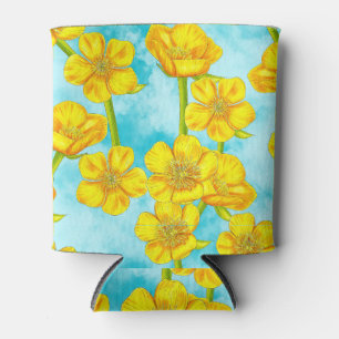 Spring Buttercup Yellow Flowers on Aqua Can Cooler