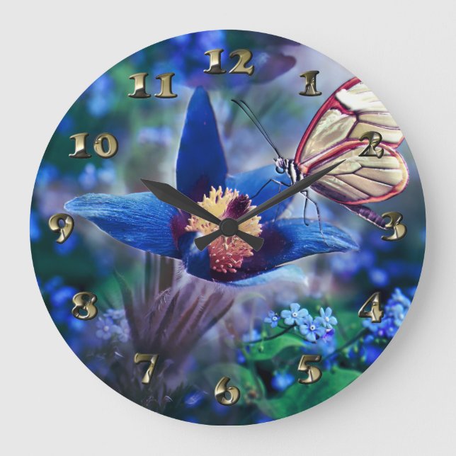 Spring Butterfly on Blue Flower Large Clock (Front)