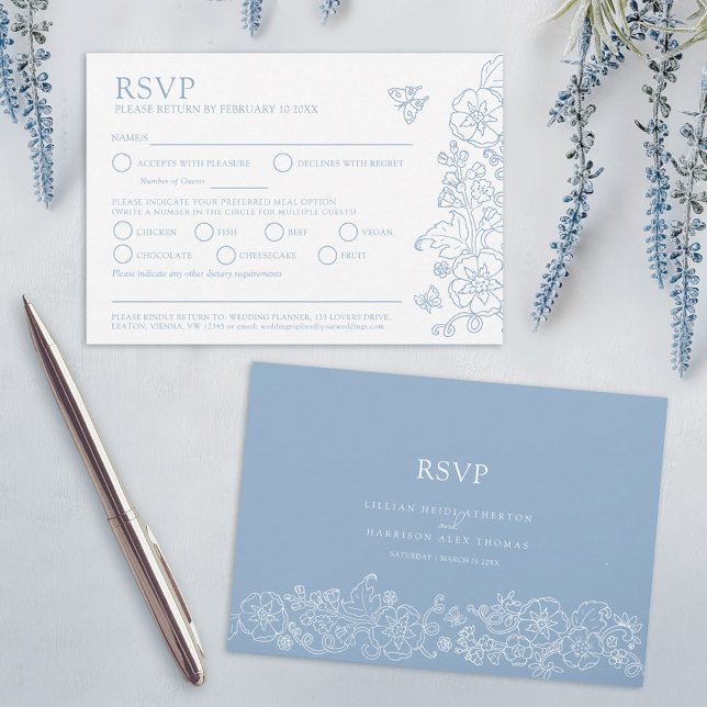 Spring butterfly wedding meal option blue grey RSVP card (Creator Uploaded)