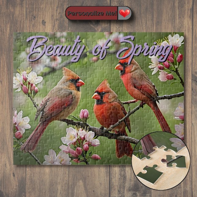 Spring Cardinals Jigsaw Puzzle (Customizable Spring Cardinals Jigsaw Puzzle)