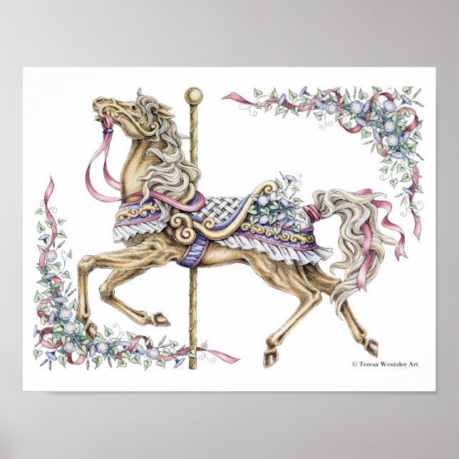 Spring Carousel Horse Pen and Ink Drawing Poster (Front)
