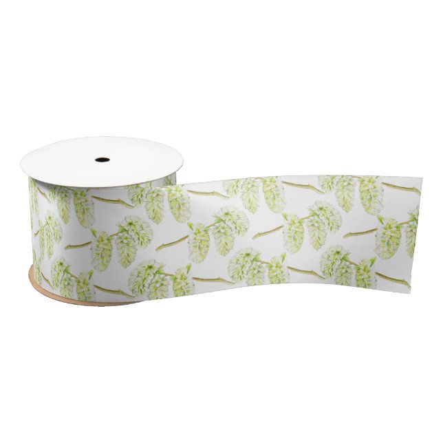 Spring catkins watercolor green white ribbon satin ribbon (Spool)