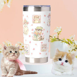 Spring Cats Hats Flowers Peach White Insulated Tumbler