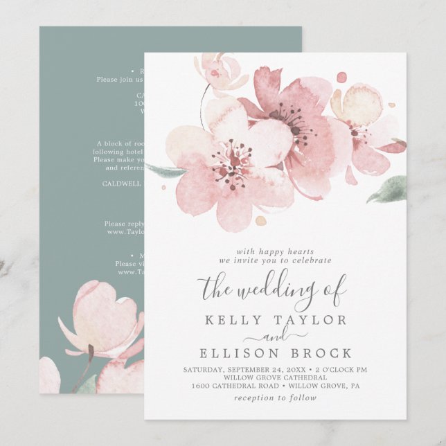Spring Cherry Blossom All In One Wedding Invitation (Front/Back)