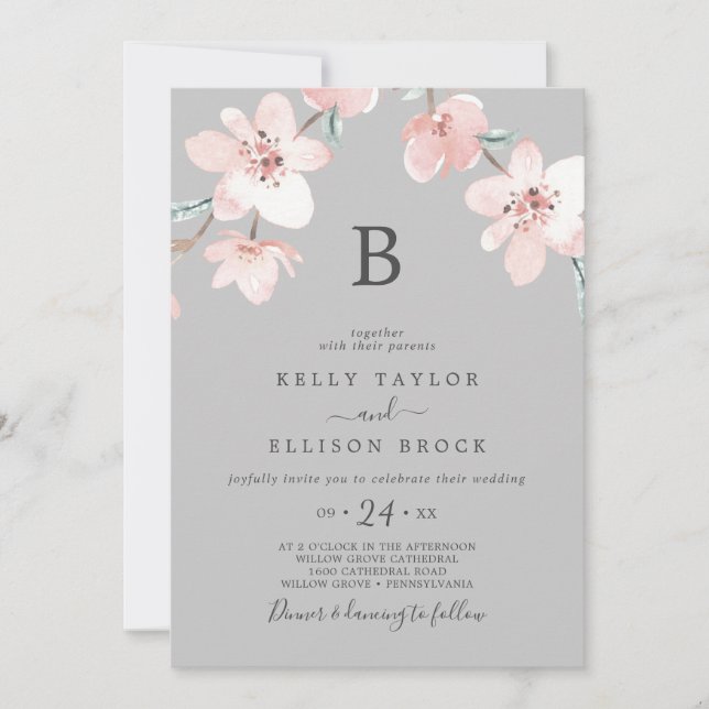 Spring Cherry Blossom | Grey Monogram Wedding Invitation (Front)