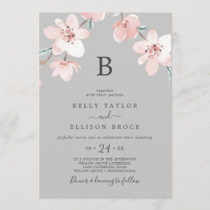 Spring Cherry Blossom Grey Monogram Wedding Invitation