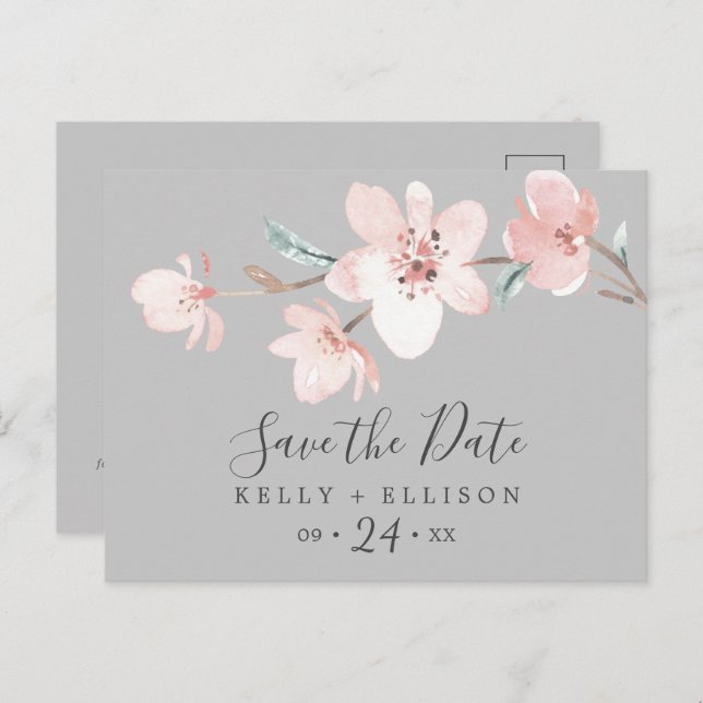 Spring Cherry Blossom Grey Save the Date Postcard (Front/Back)