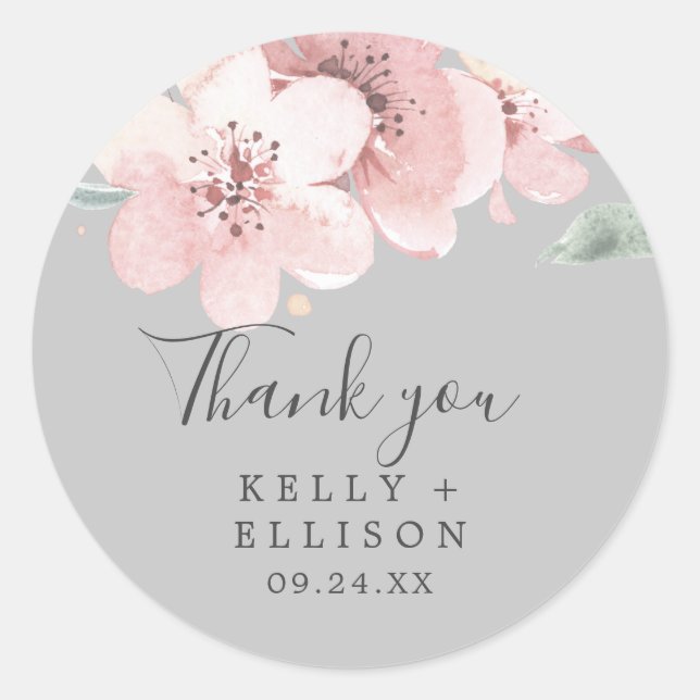 Spring Cherry Blossom Grey Thank You Favour Sticke Classic Round Sticker (Front)