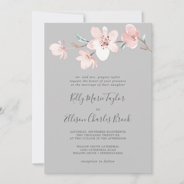 Spring Cherry Blossom | Grey Traditional Wedding Invitation (Front)