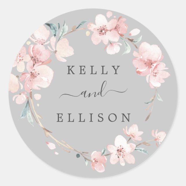 Spring Cherry Blossom Grey Wedding Envelope Seals (Front)