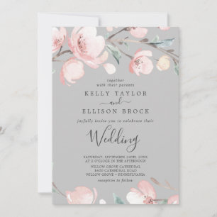 Spring Cherry Blossom   Grey Wedding Invitation