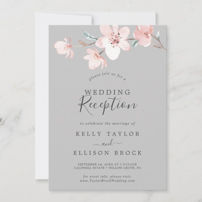 Spring Cherry Blossom | Grey Wedding Reception Invitation (Front)