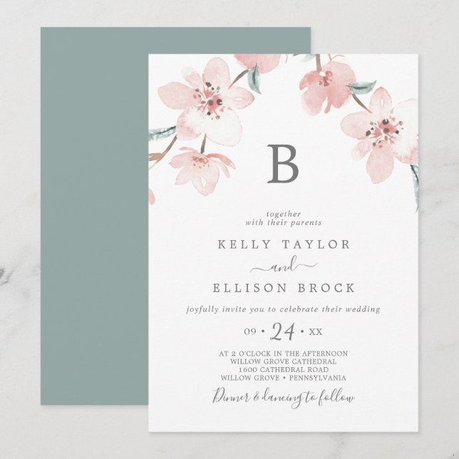 Spring Cherry Blossom Monogram Wedding Invitation (Front/Back)