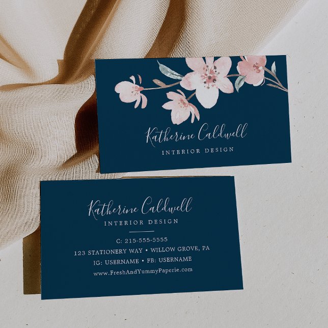 Spring Cherry Blossom | Navy Business Card (Creator Uploaded)