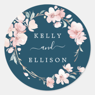 Spring Cherry Blossom Navy Wedding Envelope Seals