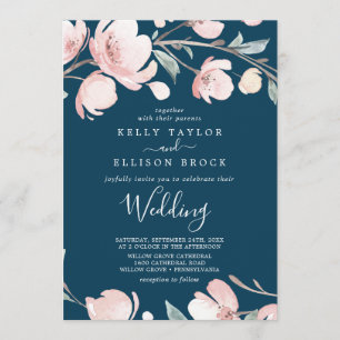 Spring Cherry Blossom   Navy Wedding Invitation