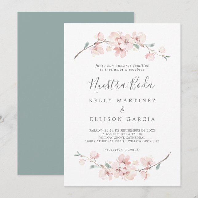 Spring Cherry Blossom Spanish Nuestra Boda Invitation (Front/Back)