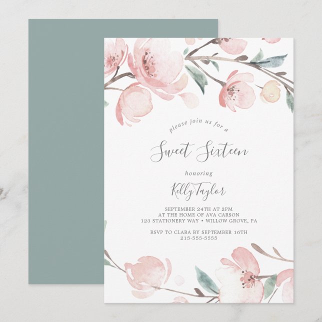 Spring Cherry Blossom Sweet Sixteen Birthday Invitation (Front/Back)
