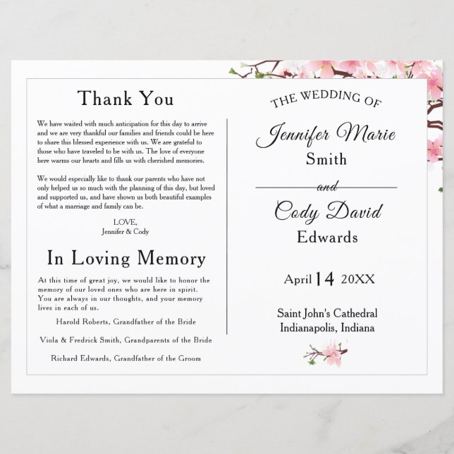 Spring Cherry Blossom Wedding Ceremony Program (Front)
