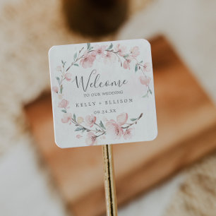 Spring Cherry Blossom Wedding Welcome Square Sticker