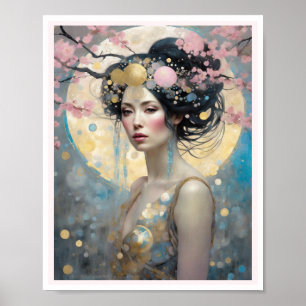 Spring Cherry Blossom Woman with Dark Hair Circles Poster