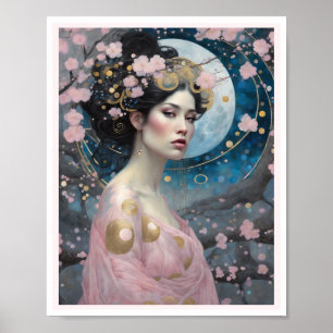 Spring Cherry Blossom Woman with Dark Hair Gold Poster
