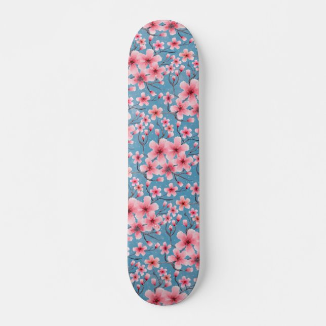 Spring Cherry Blossoms blue Skateboard (Front)