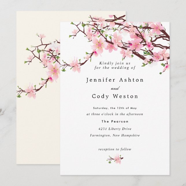 Spring Cherry Blossoms Pale Pink Beige Wedding Invitation (Front/Back)