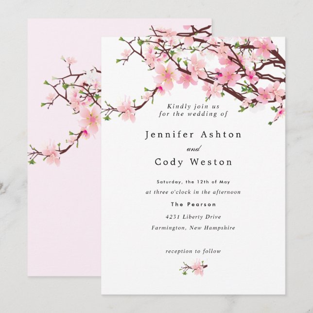 Spring Cherry Blossoms Pale Pink White Wedding Invitation (Front/Back)