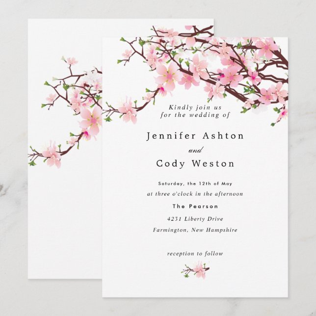 Spring Cherry Blossoms Pale Pink White Wedding Invitation (Front/Back)