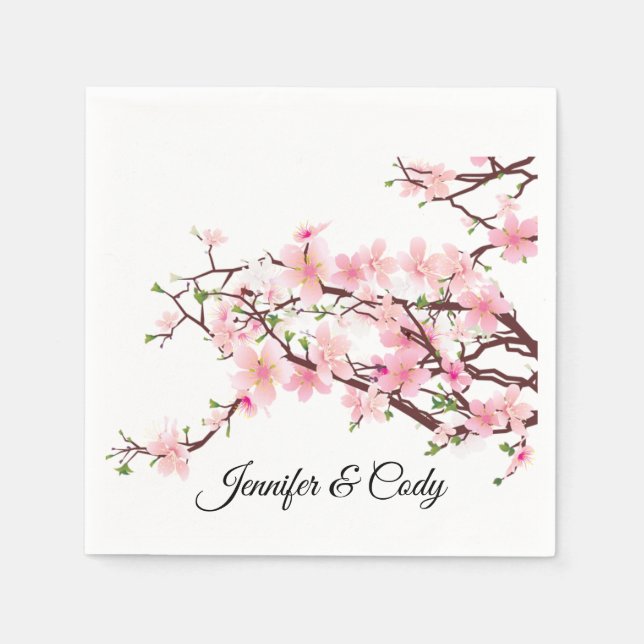 Spring Cherry Blossoms Wedding Add Names Cocktail Napkin (Front)