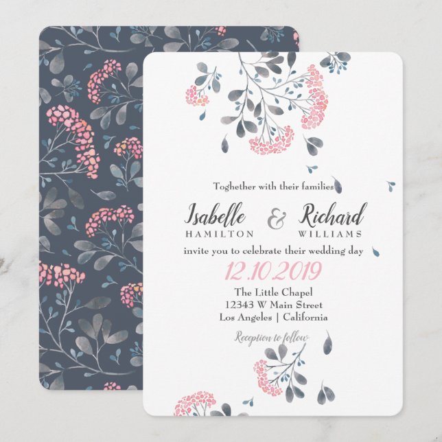 Spring chic grey pink dandelion watercolor wedding invitation (Front/Back)