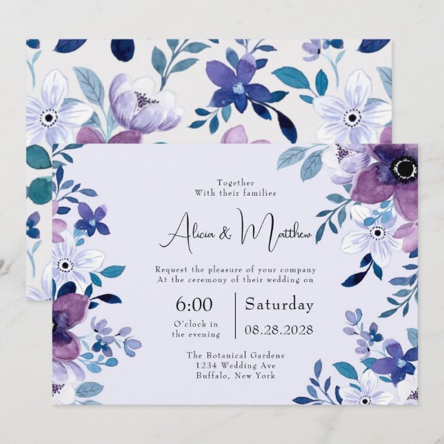 Spring Chic Painted Purple and Teal Peony Wedding Invitation (Front/Back)