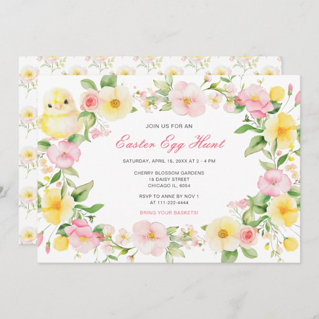 Spring Chick Floral Easter Egg Hunt Party Invitation (Front/Back)