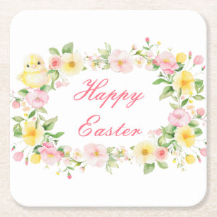 Spring Chick Floral Easter Egg Hunt Party Square Paper Coaster