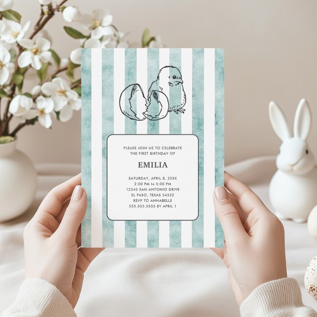 Spring Chick & Stripes Vintage Child Birthday Invitation (Creator Uploaded)