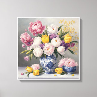 Spring Chinoiserie Blue White Vase Peonies Tulips Canvas Print