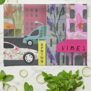 Spring City Vibes Watercolor Floral Urban Art Tea Towel
