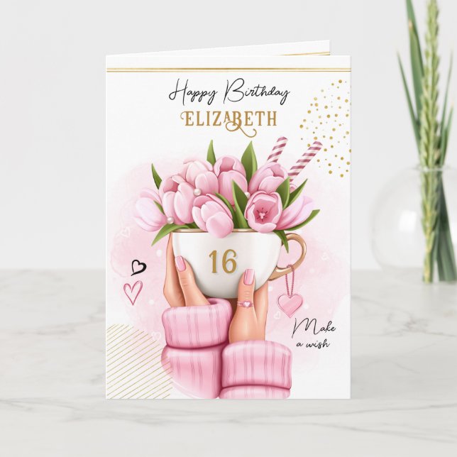 Spring Coffee Cup with Flowers Happy Birthday Holiday Card (Front)