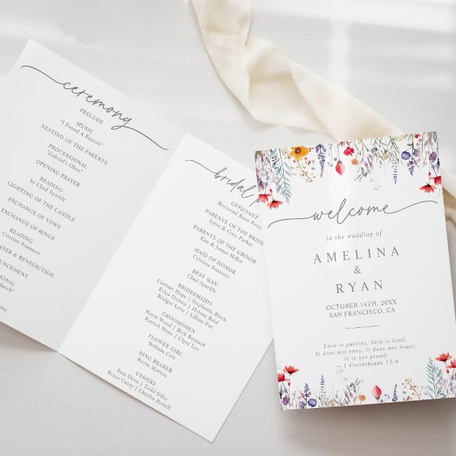 Spring Colorful Wildflower Minimal Folded Wedding Programme (Creator Uploaded)