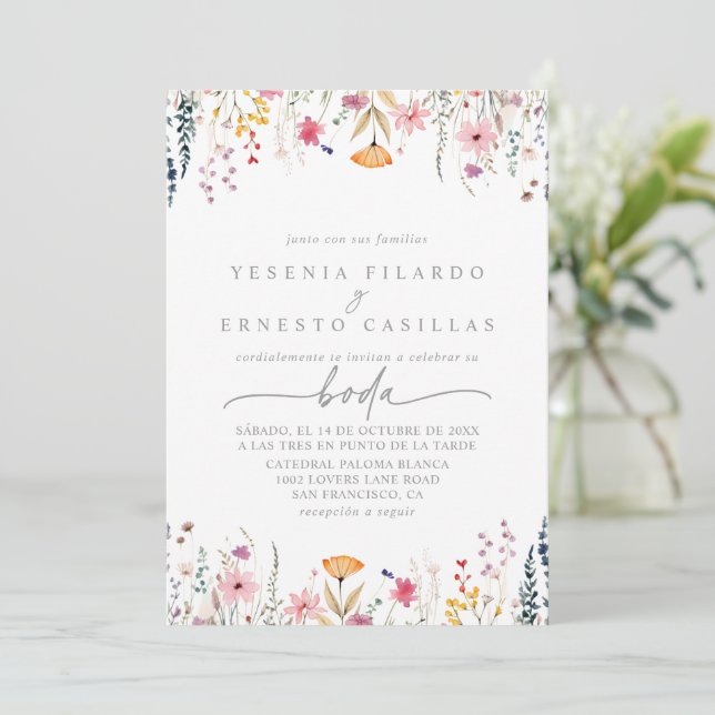 Spring Colorful Wildflower Spanish Wedding Invitation (Standing Front)