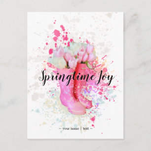 Spring Colour Splash Watercolor Pink Boots & Tulip Postcard