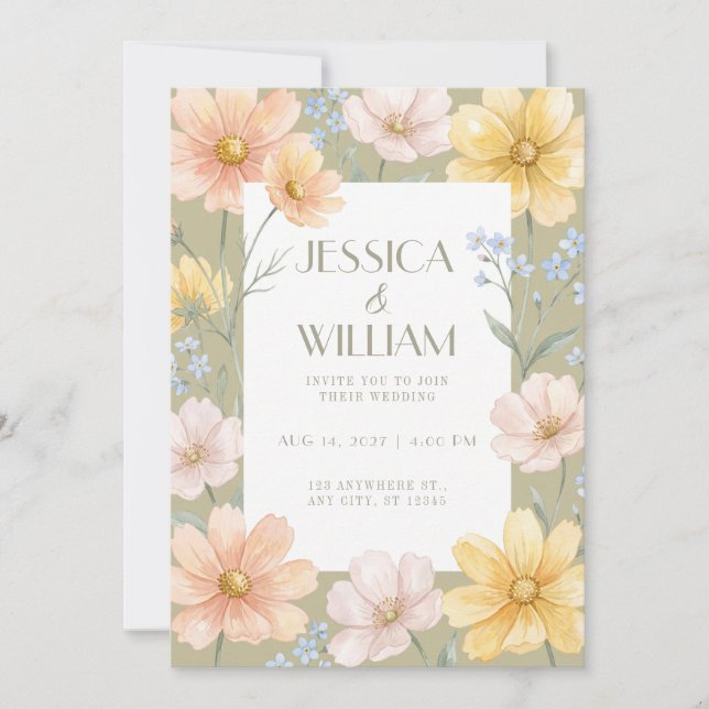 Spring Colour Wildflowers Olive Wedding Invitation (Front)