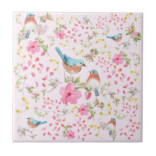 Spring Colourful Birds and Flowers Tile