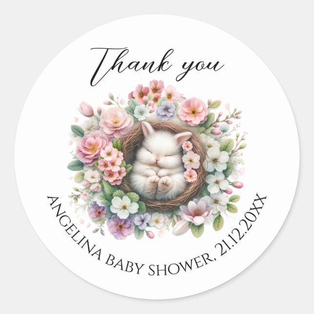 Spring colourful floral bunny Baby Girl Shower Classic Round Sticker (Front)