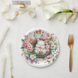 Spring colourful floral bunny Baby Girl Shower Paper Plate