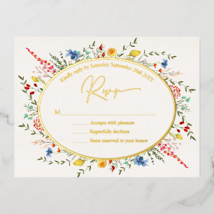 Spring Colourful Floral Wildflowers Garden RSVP Foil Invitation Postcard