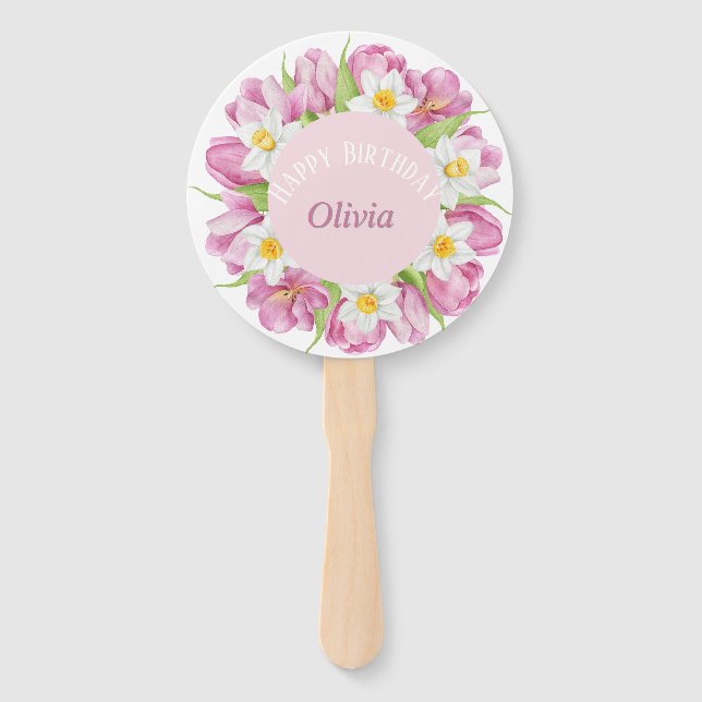 Spring Colourful Flower Kids Birthday Hand Fan (Front)