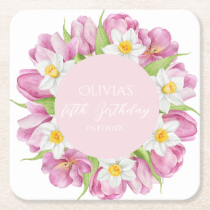 Spring Colourful Flower Kids Birthday Square Paper Coaster